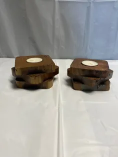 دو نگهدارنده چراغ چای چوبی / جا شمعی مربع چوبی تمام شده / دکوراسیون مدرن / خانه سازی / شمع سبک چای / لکه رنگ روشن