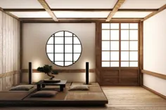 طراحی داخلی ژاپن ، اتاق نشیمن مدرن.  تصویرگری سه بعدی ، رندر سه بعدی