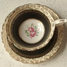 ست لیوان چای سیاه آنتیک ، ست چای انگلیسی Royal Stafford 1950 ، لیوان چای چینی استخوان سیاه و طلایی