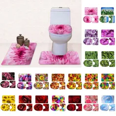 روکش فرش حمام 3 قطعه چاپ گل توالت فرنگی ضد لغزش Bathmat
