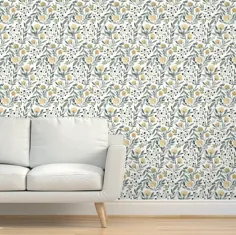 کاغذ دیواری گل گل زرد گل گل آبی Bluebirdcoop Yellow |  اتسی