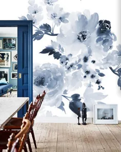 کاغذ دیواری گل و آبی و سفید کاغذ دیواری حذف دیوار |  اتسی