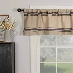 پرده مخفی Mill House Stripe Black Valance، 16 "x 72"، Farmhouse Primitive Grain Sack Stripe، Window، Beige & Black