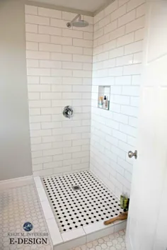 دوش حمام کوچک ، کاشی مترو ، شش ضلعی و رنگ نقاشی ترمه خاکستری بنجامین مور.  Kylie M متخصص طراحی الکترونیکی و رنگ آنلاین