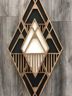 تابلوی چوب الماس و مثلث + تزیین دیوار بوهو + تابلوی چوب اشکال هندسی + هنر دیواری بی نظیر