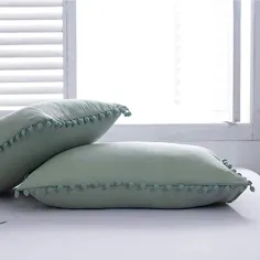 Sue & Jo Pom Poms Pillow Covers Pillow Shams تزئینات بالش تزئینی 2 بسته ، سبز (اندازه ملکه 18.9 "x29.1")