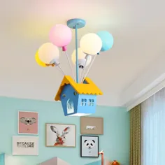 چراغ آویز خانه چوبی با بالون رنگارنگ 7 سر لوستر کارتونی به رنگ آبی برای اتاق کودک - لوسترهای آبی