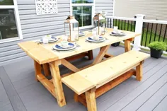 میز و نیمکت در فضای باز سبک DIY Truss Beam Farmhouse (الهام گرفته از سخت افزار ترمیم)