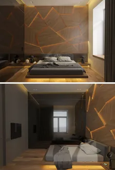 این اتاق خواب دارای دیوار لهجه ای چوبی روشن با عقب هندسی است
