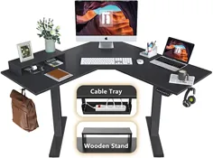 میز ایستاده برقی FEZIBO به شکل L ، میز گوشه ای قابل تنظیم ارتفاع 48 اینچ ، میز کار خانگی کاملاً ایستاده با تخته اتصال ، قاب سیاه / تاپ مشکی