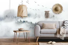 کاغذ دیواری کوه مه آلود ، پوستر دیواری آسمان پرندگان