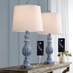 Rustic Table Lamp Set of 2، 26 "Farmhouse Nightlight Lamp with USB، Vintage Bedside Nightlight Lamp for Bedroom Living Room Foyer Study، Beige Shade، Pack of 2 (Blue)
