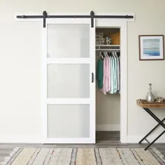 ReliaBilt 36-in x 84-in Bright White 3-Panel Mosted Glass Prefinished Mdf Single Barn Door (شامل سخت افزار) Lowes.com