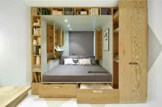 این اتاق خواب روسی پر از فضای ذخیره سازی و سبک است - زندگی در جعبه کفش