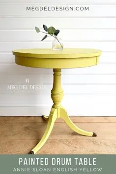 میز طبل نقاشی شده در Annie Sloan Chalk Paint انگلیسی زرد را ناراحت کننده نشان می دهد