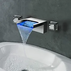 چراغ LED چراغ حمام شیر آب سنسور دما تغییر رنگ تغییر دو دستگیره سه سوراخ دیواری آبشار مخزن مخزن شیر آب شیر برنج جامد (1PC)