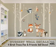 Woodland Nursery Wall Decor 4 Birch Trees Fox & Friends Fox |  اتسی