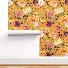 کاغذ دیواری قابل جدا شدن از پوست و استیک قاشق گل ، چاپ آبرنگ گل پاپریکا پرتقال گل گل نارنجی گل گل صورتی ، کاغذ دیواری چسب دار 24 رو در 108 اینچ
