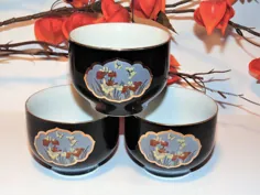 مجموعه فنجان های چای Chokin Art Saki از 3 ژاپنی چینی سیاه |  اتسی