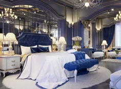 دکوراسیون اتاق خواب آبی سلطنتی لوکس با تخت مخمل آبی به سبک آرت دکو
