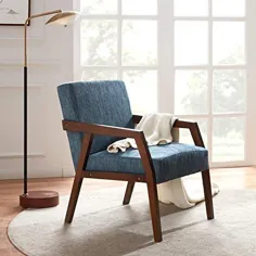 صندلی بازوی مدرن HUIMO Mid-Century ، صندلی لهجه ای با بازوها و پاهای چوبی جامد ، صندلی های تاکیدی و جلوبندی زیبا برای اتاق نشیمن ، اتاق خواب ، صندلی مطالعه پارچه ای پارچه ای پارچه ای ، صندلی کناری (آبی)