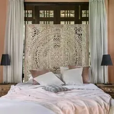سر کالیفرنیا تخته سنگ تراش خورده صفحه سفید سوار شده ، حکاکی طرح مدالیون ، سبک اتاق خواب Boho-Chic از تایلند ، 72 اینچ
