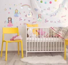 تابلوچسبهای دیواری بچه گانه Fairy Unicorn Princess Rainbow Wall Decals |  اتسی