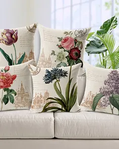 مجموعه ای از 5 روکش بالش تزئینی پنبه ای و پارچه ای برای کاناپه ، مبل ، یا تختخواب با طراحی مدرن برگ های گلدان کشور