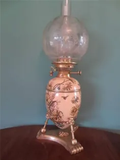 ANTIQUE VICTORIAN (1870) HINKS GILT & LAMP روغن سرامیک با شیشه شیشه ای شکسته