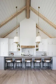آشپزخانه سفید و خاکستری با سقف تخته ای طاق دار - انتقالی - آشپزخانه