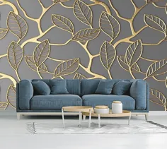 کاغذ دیواری سه بعدی شاخه های طلایی با برگ دیوار نقاشی دیواری وینیل غیر |  اتسی