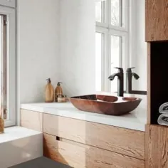 سینک ظرفشویی ظرف شن شیشه ای VIGO به رنگ قهوه ای چوبی با شیر آب سویا و تخلیه پاپ آپ در روغن مایع برنز-VGT172 - انبار خانه