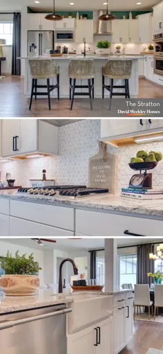 خانه مدل استراتون - الهام بخش طراحی آشپزخانه سفید ، هندسی Backsplash ، خانه سینک ظرفشویی