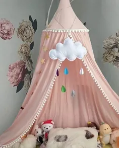 سایبان تخت خواب تختخواب دخترانه با پوم پوم ، پشه بند گنبد پنبه ای برای کودک ، خواندن بازی در فضای باز کودکان و نوجوانان ، دکوراسیون اتاق خواب (صورتی هلو)