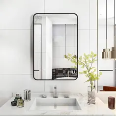آینه دیواری Whitebeach ، آینه مستطیل مستطیل ، آینه غرور ، آینه آرایش ، طراحی گوشه گرد ، 22 "× 30" ، قاب آلومینیومی مشکی