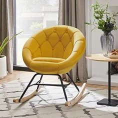 Volans Mid Century Modern Round Back Velvet Tufted Tapted صندلی تکان دار صندلی تخته دار برای اتاق نشیمن اتاق خواب ، زرد