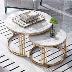 جداول QNN ، میز تزئینی صفحه آخر میز لانه دار |  میزهای قهوه زیبا و قابل انباشت 2 تکه |  ست اتاق نشیمن |  اتاق نشیمن یا اتاق نشیمن رومیزی سنگ مرمر قاب فلزی طلایی ، D70 + D55 ، D70 + D55