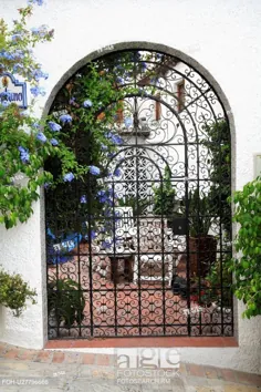 بلو پالگو آبی در کنار دروازه آهنی آراسته و آراسته با منظره حیاط اسپانیا