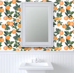 کاغذ دیواری Orange Grove - پرتقال پراکنده روی سفید توسط Smallhoursshop - رول کاغذ دیواری خود چسب متحرک قابل چاپ با Spoonflower