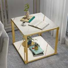 میز انتهایی مربع طلا با فلز قفسه سنگ مرمر بالای صفحه
