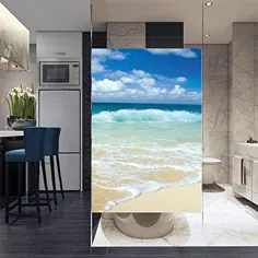 فیلم حریم خصوصی پنجره ، ساحل با امواج کف در ساحل خالی دریا ، پنجره استاتیک به صورت برچسب های تزئینی تزئینی 3D برای درب شیشه ای حمام آشپزخانه اتاق نشیمن کنترل گرما ، 17.7x35.4 اینچ