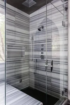 کاشی حمام راه راه سفید و خاکستری ایده های طراحی