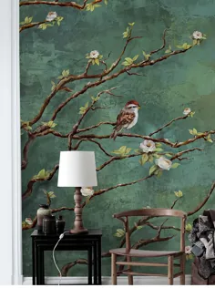 donkere vogels en bloemen behang، natuur muurschildering، bloemen kunst aan de muur، muur sticker، donkergroene muur sticke