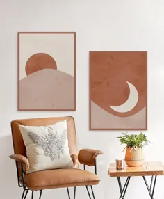 Sonne und Mond Druck Set von 2، abstrakte Landschaft، Terrakotta druckbare Mid Century moderne minimale Wandkunst، digitaler Download، Boho Drucke