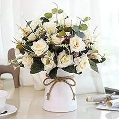 گلهای مصنوعی YILIYAJIA در گلدان گل گلدان ابریشم گل دسته های جعلی گل مصنوعی با سرامیک وسایل میز گلدان برای تزیین آشپزخانه میز ناهار خوری (شامپاین)