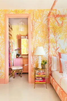 اتاق خواب صورتی و نارنجی با تخت خواب سایبان صورتی - Hollywood Regency - اتاق خواب