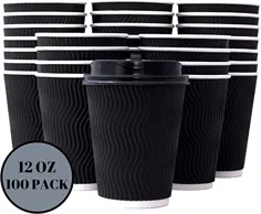 فنجان های یکبار مصرف قهوه با درب 12 اونس و نی های همزن عایق شده برای رفتن به فنجان های قهوه کاغذی با درب مخصوص نوشیدنی های گرم I سازگار با محیط زیست و قابل بازیافت 12 اونس - بسته 100 - سیاه - توسط Tayfa