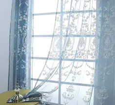 کنار ویترین ویکتوریا پرده شفاف الگوی لوکس گلدوزی شده میله تزئینی پنجره رویی برای اتاق نشیمن اتاق خواب و دفتر (1 صفحه ، W 50 x L 84 اینچ ، پایین آبی + گلدوزی نقره ای)