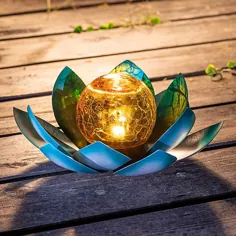 چراغ خورشیدی Garden Huaxu Garden Outdoor، Amber Crackle Globe Glass Lotus تزئینات ، چراغ های گلدار LED فلزی خاکستری ضد آب برای پاسیو ، چمن ، پیاده رو ، رومیزی ، زمین