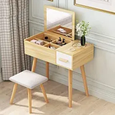 میز آرایش دختران با چهارپایه و آینه ، میز ایده آل کودکانه ، میز آرایش چوبی با محفظه های فضای ذخیره سازی بزرگ و 1 کشو